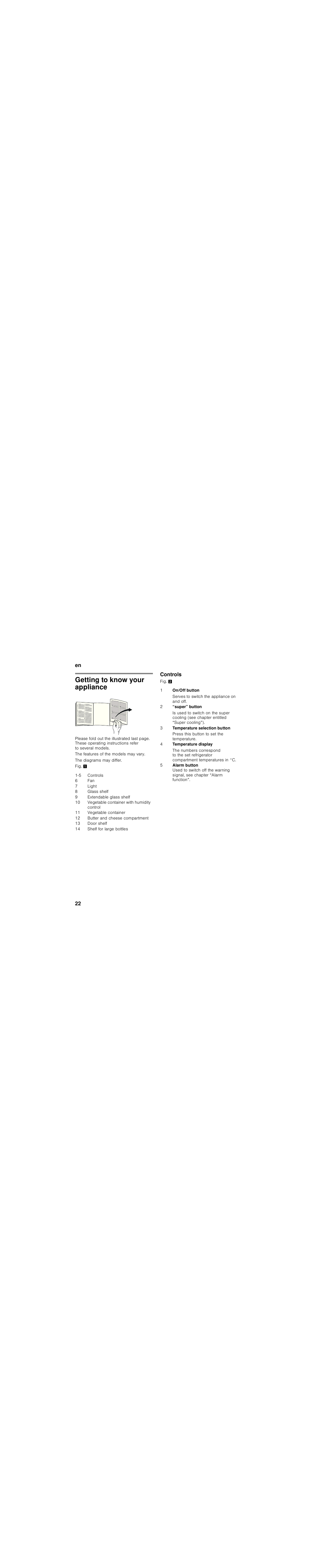 Getting to know your appliance, Controls | Bosch KIR81AF30 Réfrigérateur intégrable Premium Fixation de porte à pantographe User Manual | Page 22 / 81