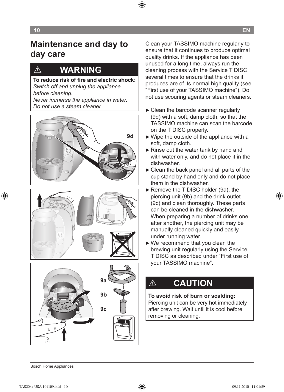 Maintenance and day to day care, Warning, Caution | Bosch TASSIMO T20 NOIR CAFE MULTIBOISSONS TAS2002 User Manual | Page 12 / 58