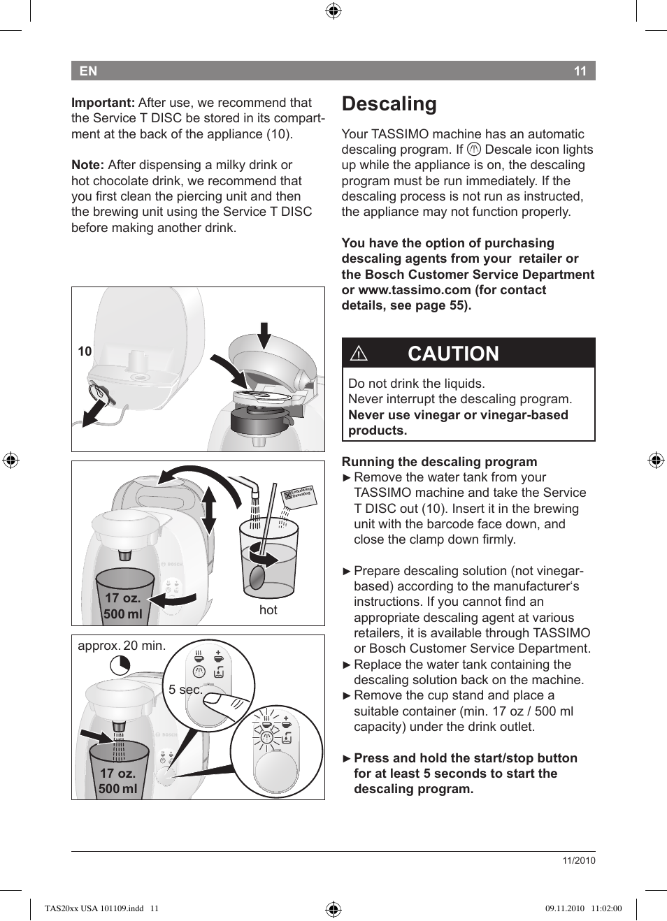 Descaling, Caution | Bosch TASSIMO T20 NOIR CAFE MULTIBOISSONS TAS2002 User Manual | Page 13 / 58