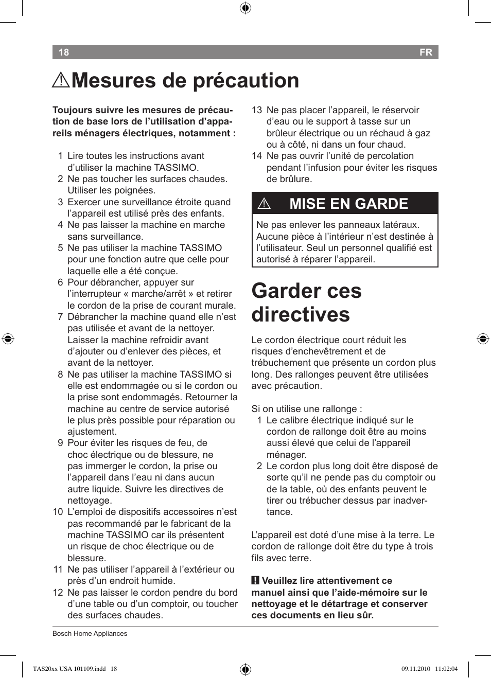 Garder ces directives, Mesures de précaution, Mise en garde | Bosch TASSIMO T20 NOIR CAFE MULTIBOISSONS TAS2002 User Manual | Page 20 / 58