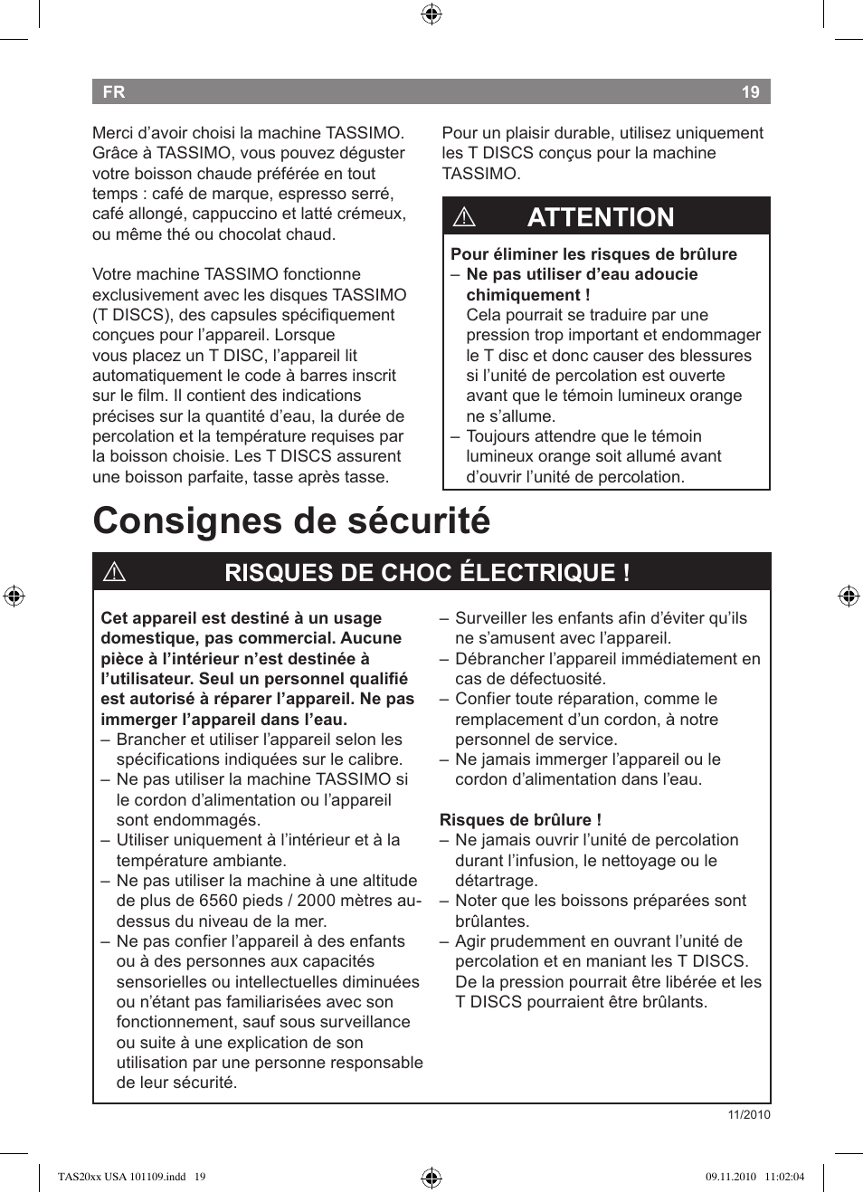 Consignes de sécurité, Attention, Risques de choc électrique | Bosch TASSIMO T20 NOIR CAFE MULTIBOISSONS TAS2002 User Manual | Page 21 / 58