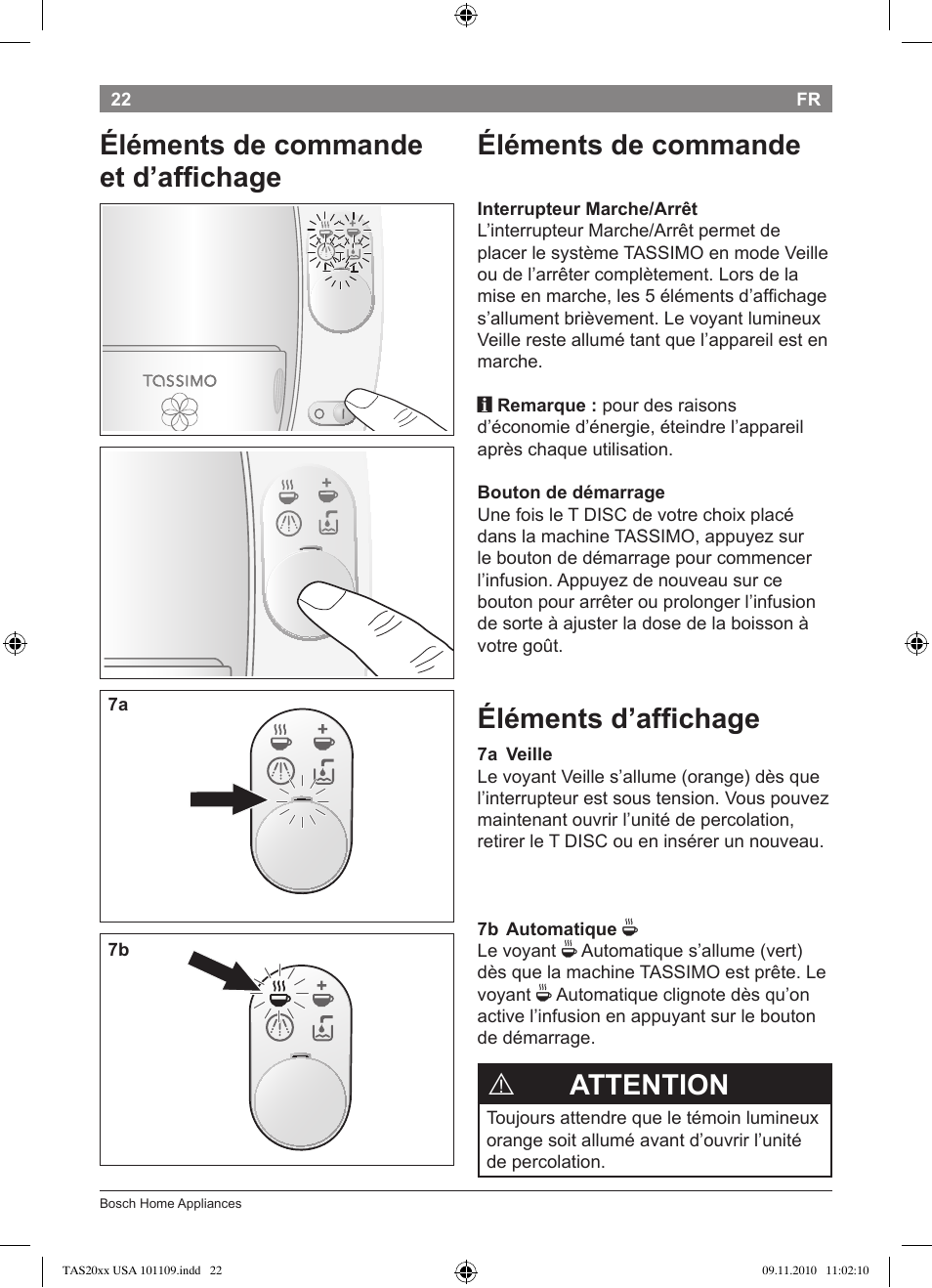 Éléments de commande, Éléments d’affichage, Attention | Éléments de commande et d’affichage | Bosch TASSIMO T20 NOIR CAFE MULTIBOISSONS TAS2002 User Manual | Page 24 / 58