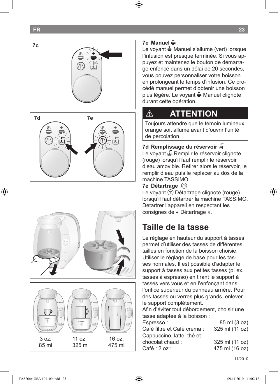 Attention, Taille de la tasse | Bosch TASSIMO T20 NOIR CAFE MULTIBOISSONS TAS2002 User Manual | Page 25 / 58