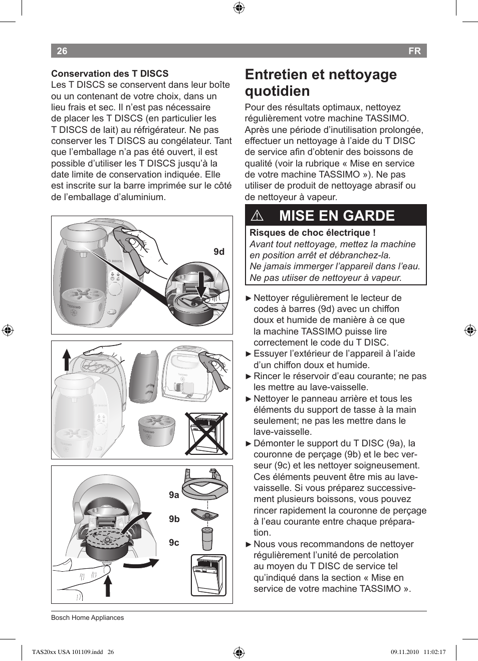 Entretien et nettoyage quotidien, Mise en garde | Bosch TASSIMO T20 NOIR CAFE MULTIBOISSONS TAS2002 User Manual | Page 28 / 58