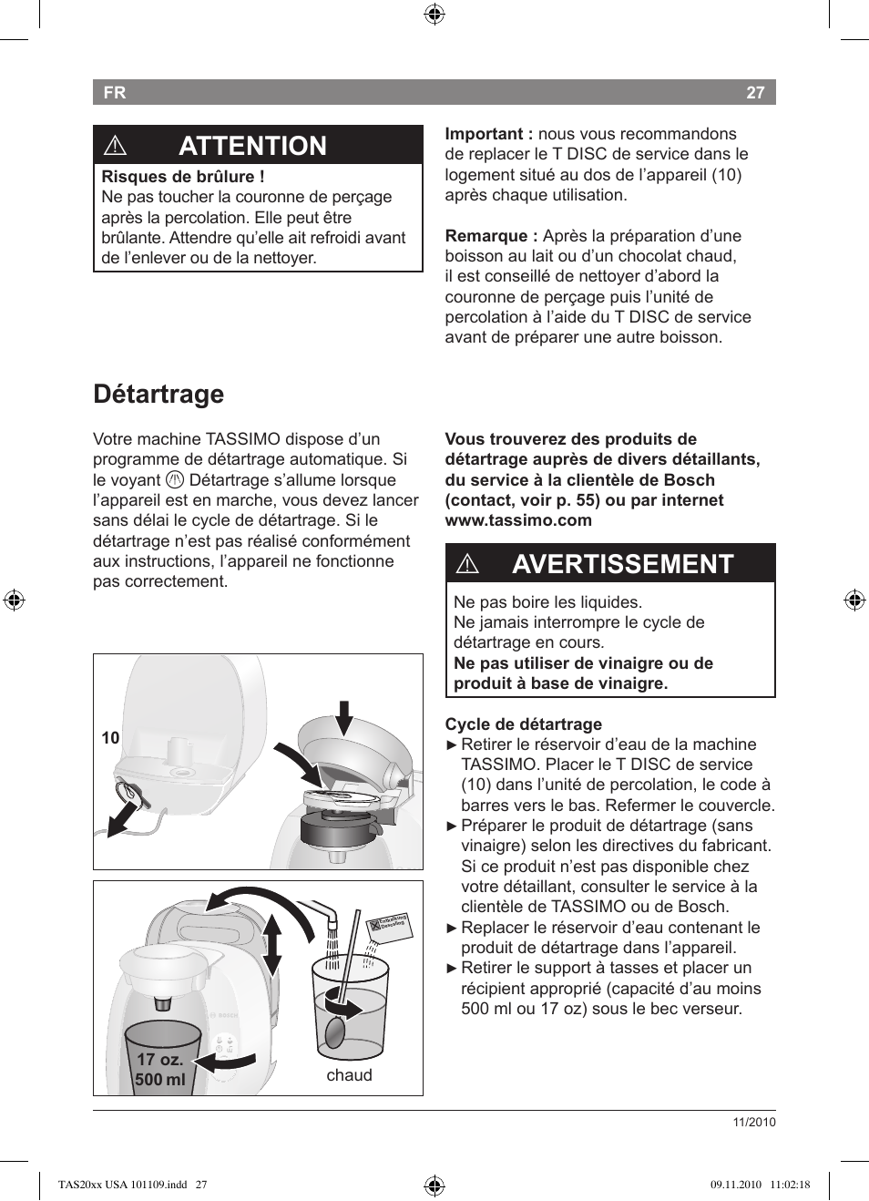 Attention, Détartrage, Avertissement | Bosch TASSIMO T20 NOIR CAFE MULTIBOISSONS TAS2002 User Manual | Page 29 / 58