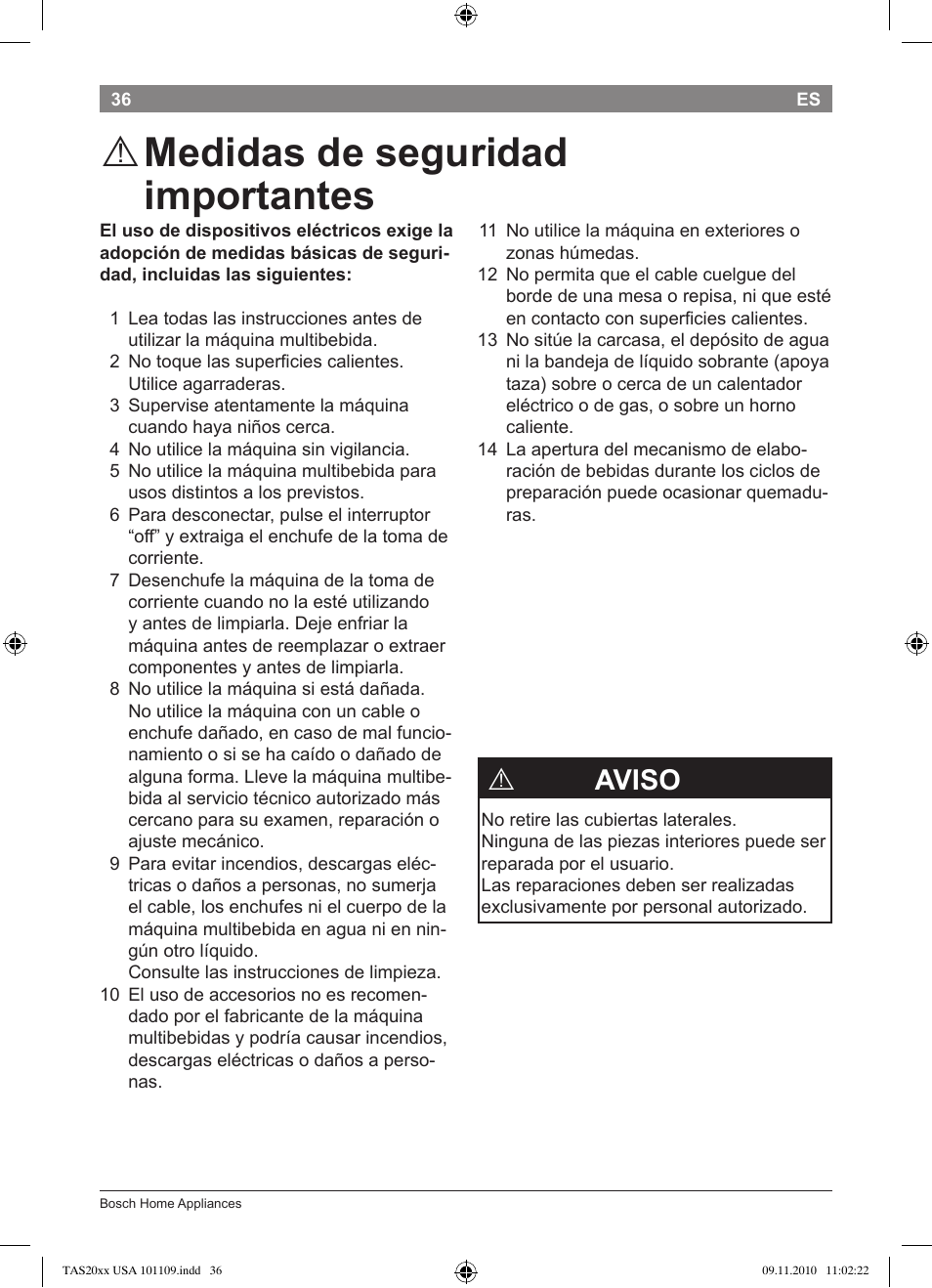 Medidas de seguridad importantes, Aviso | Bosch TASSIMO T20 NOIR CAFE MULTIBOISSONS TAS2002 User Manual | Page 38 / 58