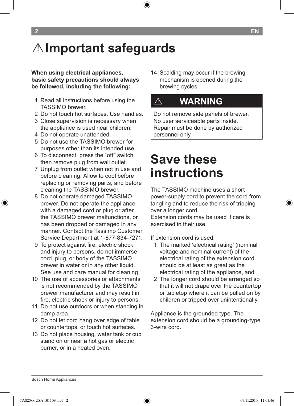 Save these instructions, Important safeguards, Warning | Bosch TASSIMO T20 NOIR CAFE MULTIBOISSONS TAS2002 User Manual | Page 4 / 58