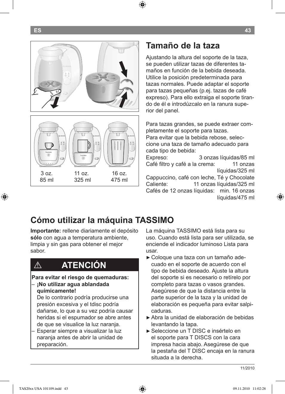 Tamaño de la taza, Cómo utilizar la máquina tassimo, Atención | Bosch TASSIMO T20 NOIR CAFE MULTIBOISSONS TAS2002 User Manual | Page 45 / 58