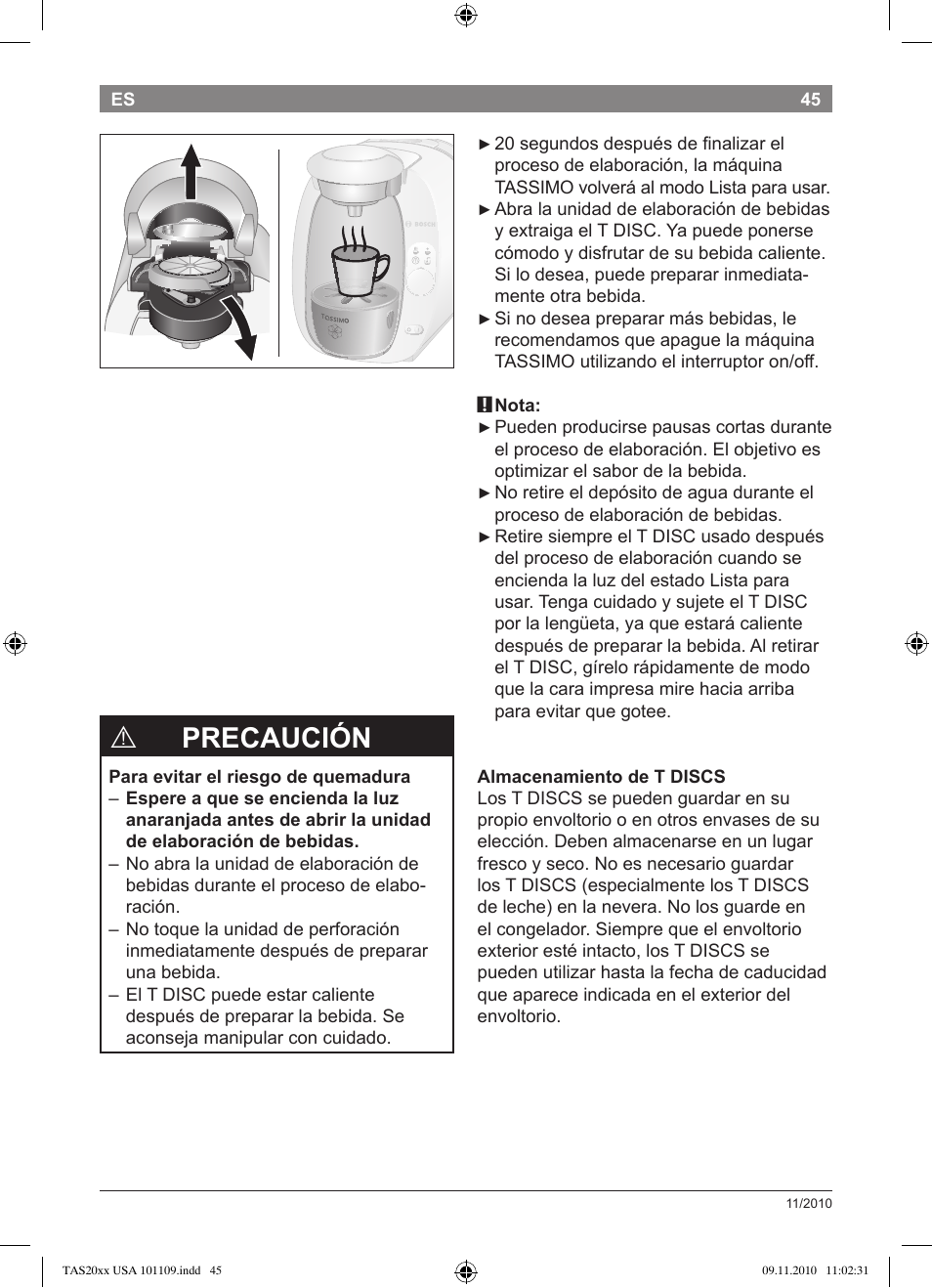 Precaución | Bosch TASSIMO T20 NOIR CAFE MULTIBOISSONS TAS2002 User Manual | Page 47 / 58