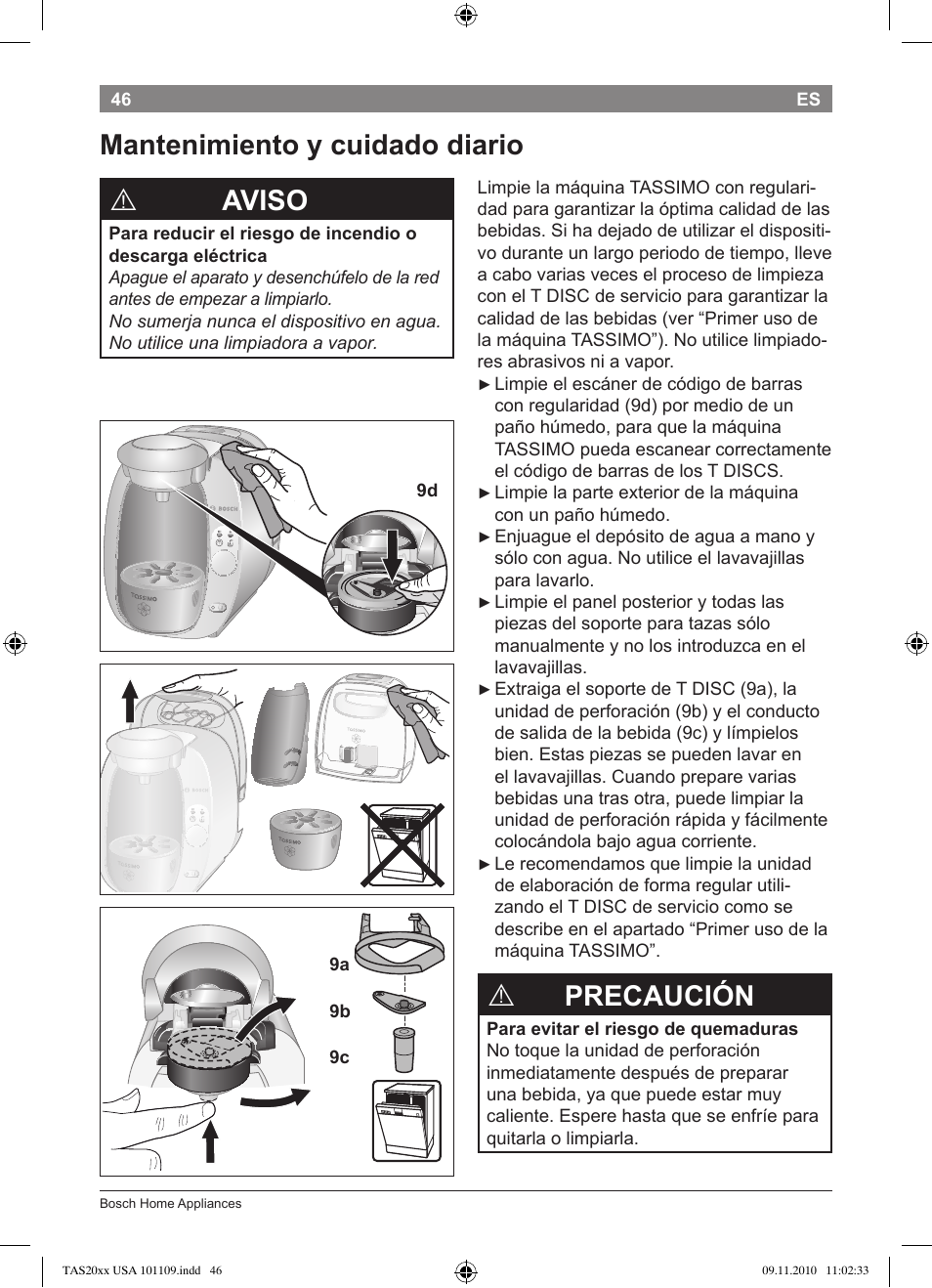 Precaución, Mantenimiento y cuidado diario, Aviso | Bosch TASSIMO T20 NOIR CAFE MULTIBOISSONS TAS2002 User Manual | Page 48 / 58