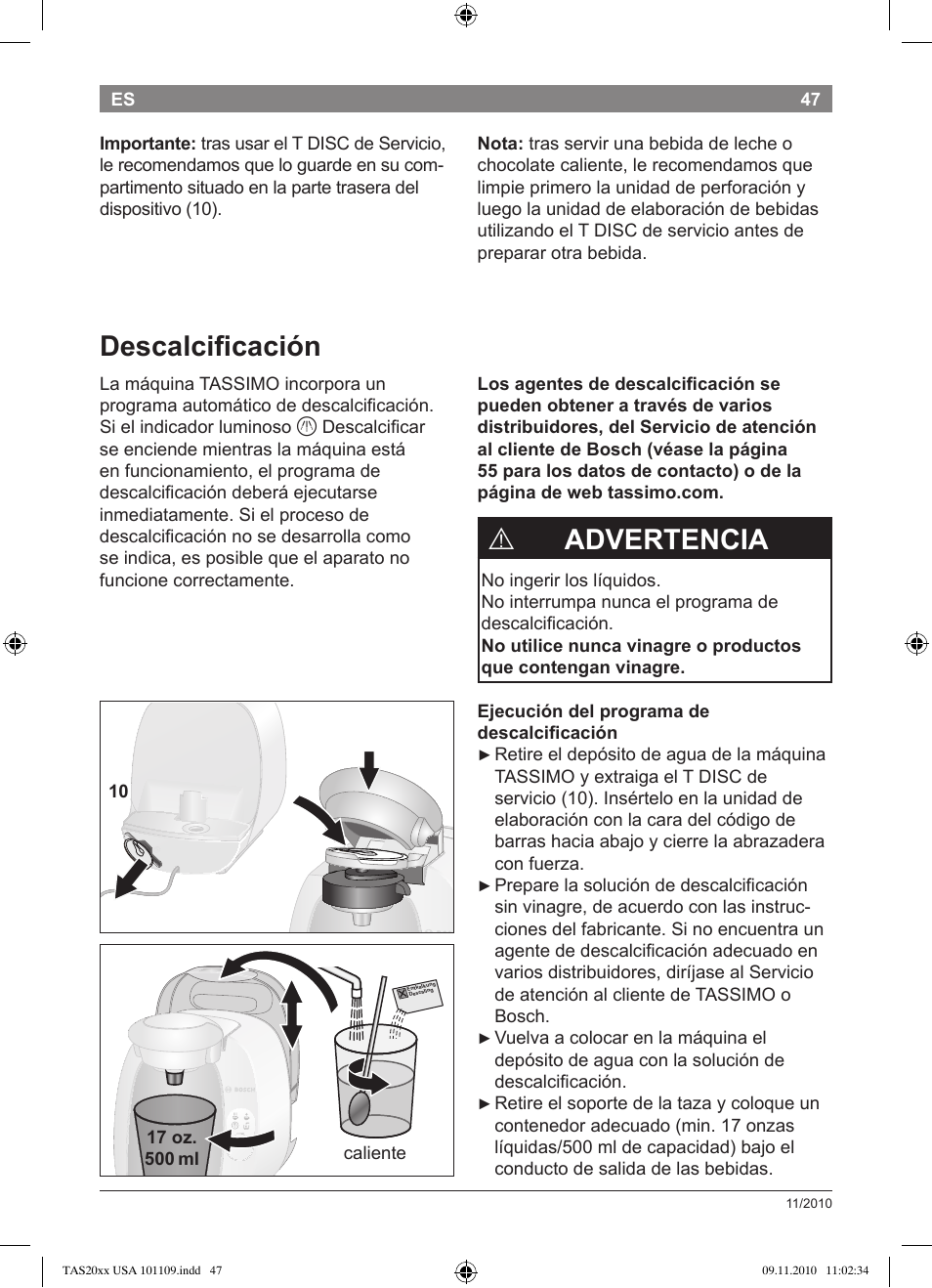 Descalcifi cación, Advertencia | Bosch TASSIMO T20 NOIR CAFE MULTIBOISSONS TAS2002 User Manual | Page 49 / 58