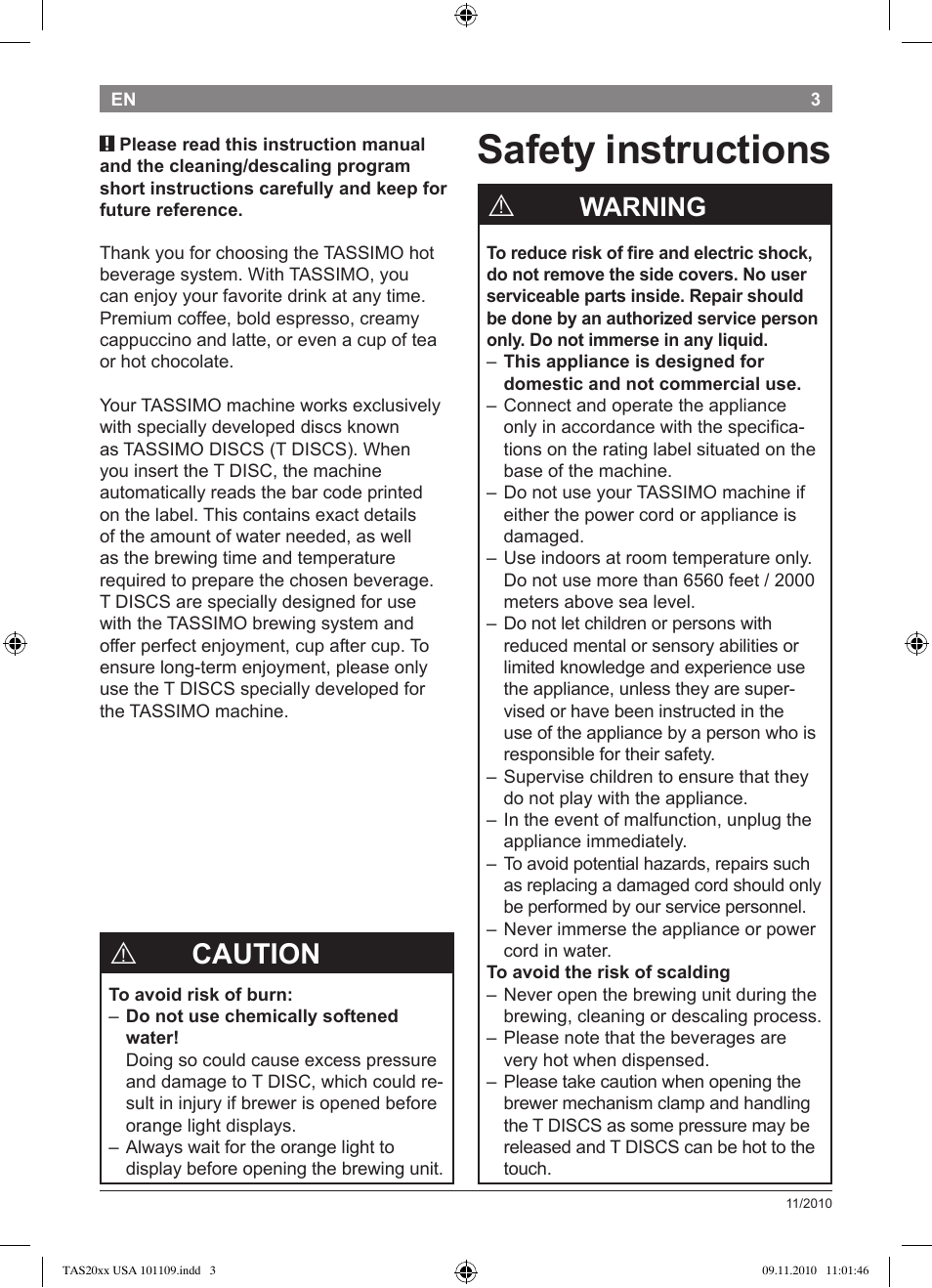 Safety instructions, Caution, Warning | Bosch TASSIMO T20 NOIR CAFE MULTIBOISSONS TAS2002 User Manual | Page 5 / 58