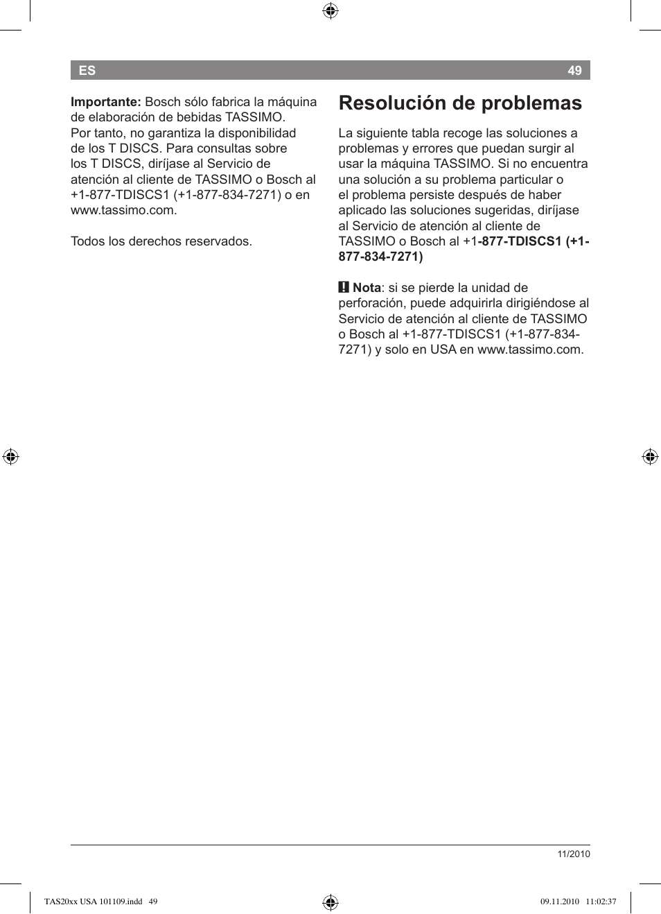 Resolución de problemas | Bosch TASSIMO T20 NOIR CAFE MULTIBOISSONS TAS2002 User Manual | Page 51 / 58