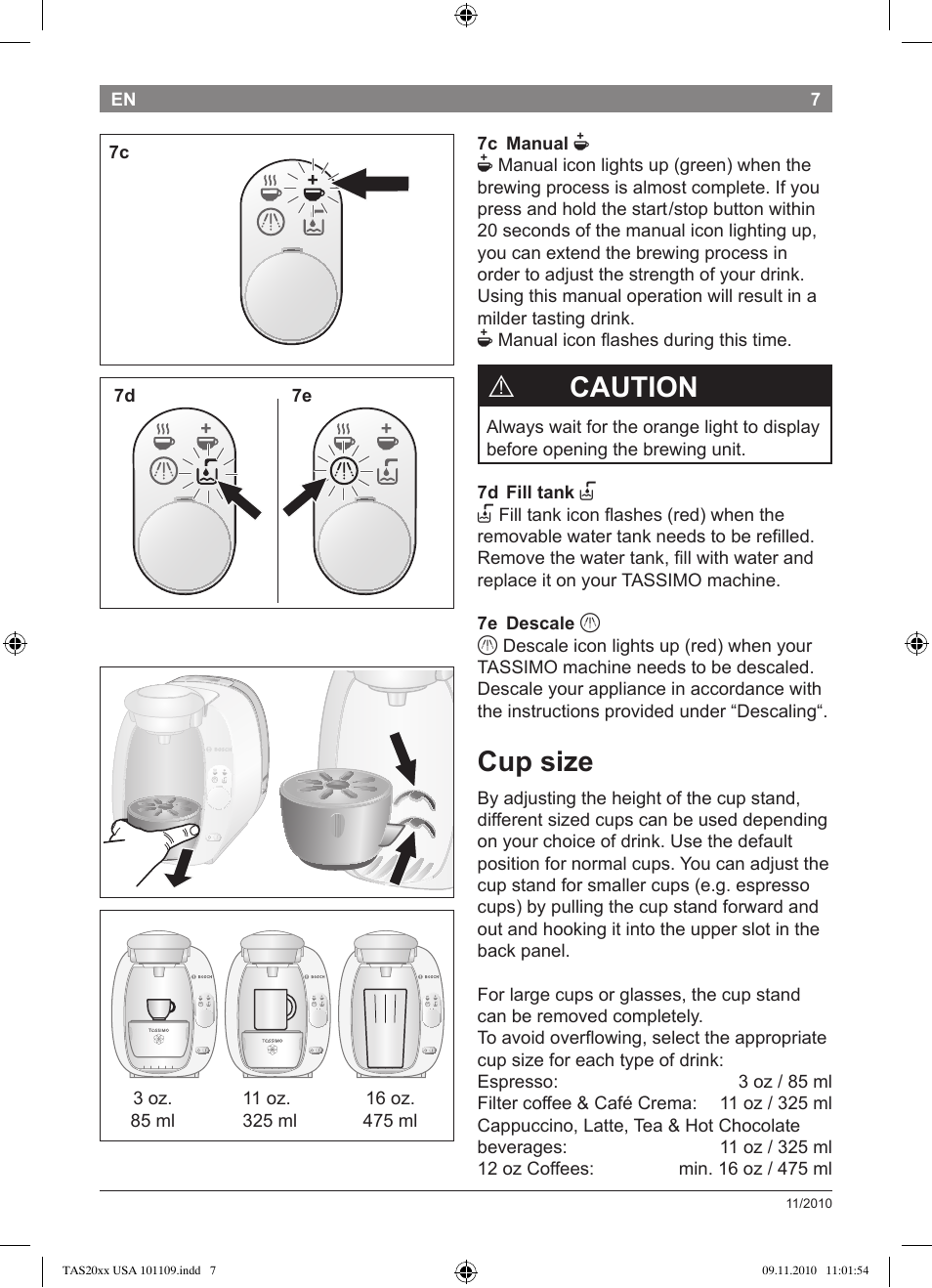 Caution, Cup size | Bosch TASSIMO T20 NOIR CAFE MULTIBOISSONS TAS2002 User Manual | Page 9 / 58