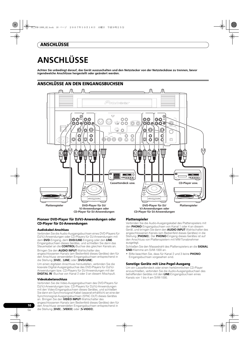 Anschlüsse, Anschlüsse an den eingangsbuchsen, Plattenspieler | Sonstige geräte mit line-pegel-ausgang | Pioneer SVM-1000 User Manual | Page 102 / 326