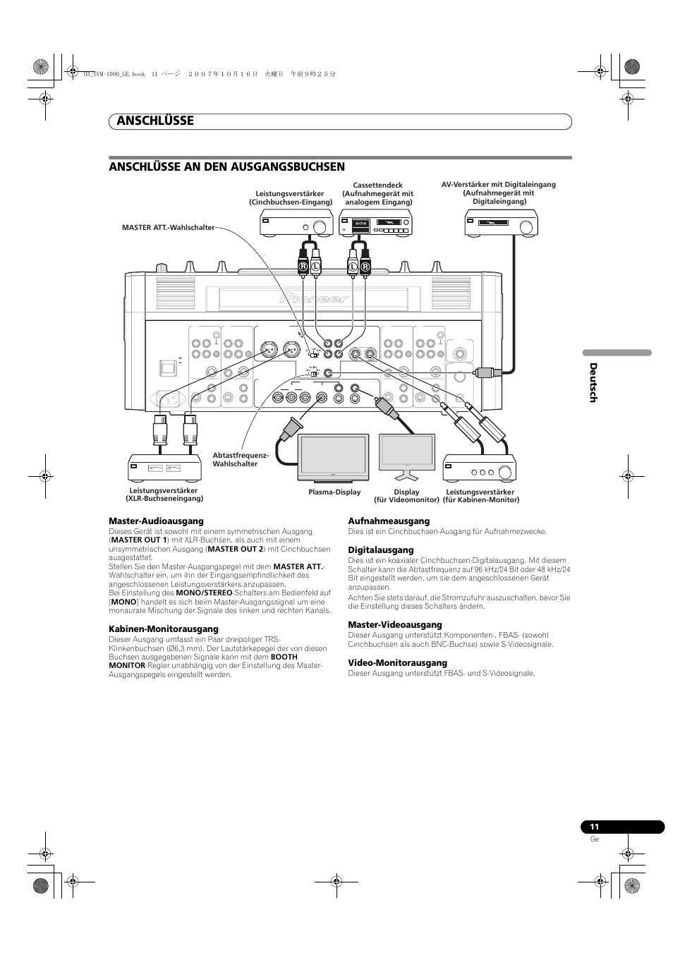 Anschlüsse an den ausgangsbuchsen, Anschlüsse, Deutsch | Master-audioausgang, Kabinen-monitorausgang, Aufnahmeausgang, Digitalausgang, Master-videoausgang, Video-monitorausgang | Pioneer SVM-1000 User Manual | Page 103 / 326