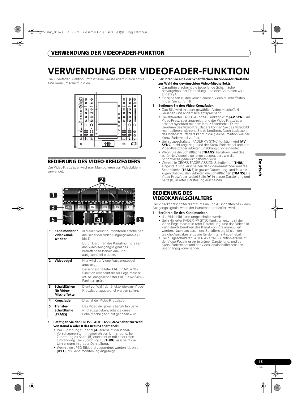 Verwendung der videofader-funktion, Bedienung des video-kreuzfaders, Bedienung des videokanalschalters | Pioneer SVM-1000 User Manual | Page 107 / 326