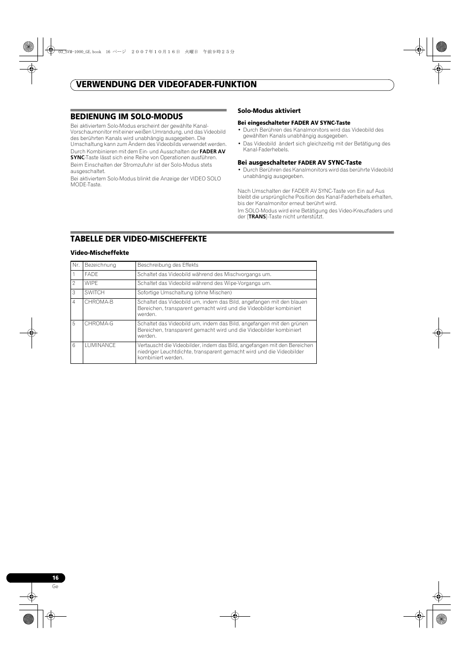 Verwendung der videofader-funktion, Bedienung im solo-modus, Tabelle der video-mischeffekte | Pioneer SVM-1000 User Manual | Page 108 / 326