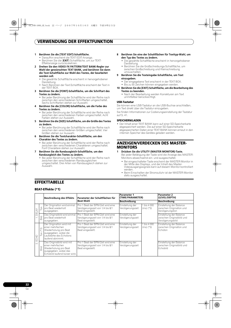 Verwendung der effektfunktion, Anzeigen/verdecken des master- monitors, Effekttabelle | Pioneer SVM-1000 User Manual | Page 114 / 326