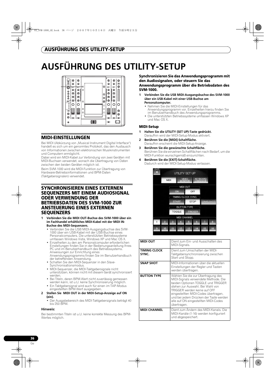 Ausführung des utility-setup, Midi-einstellungen | Pioneer SVM-1000 User Manual | Page 128 / 326