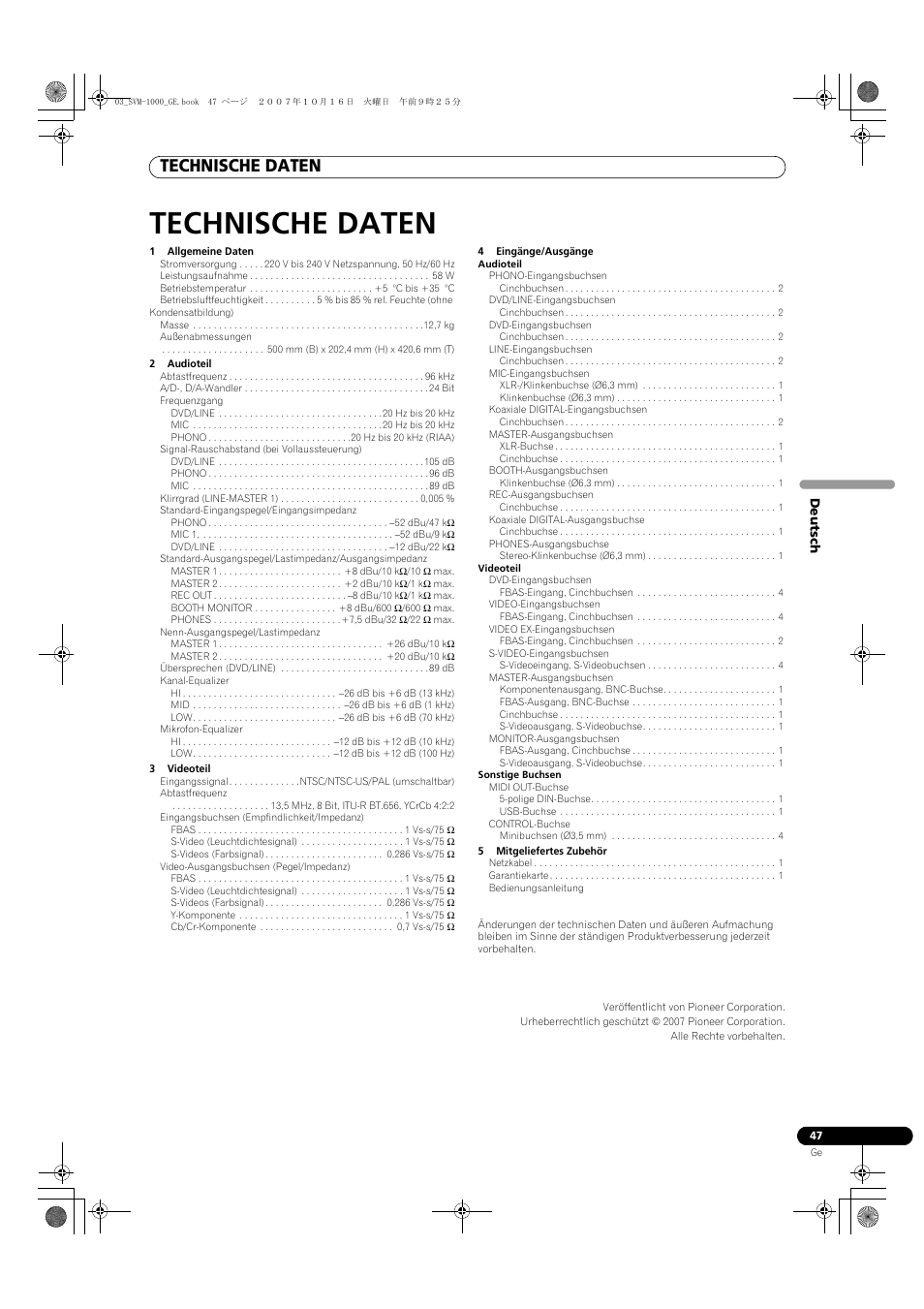 Technische daten | Pioneer SVM-1000 User Manual | Page 139 / 326