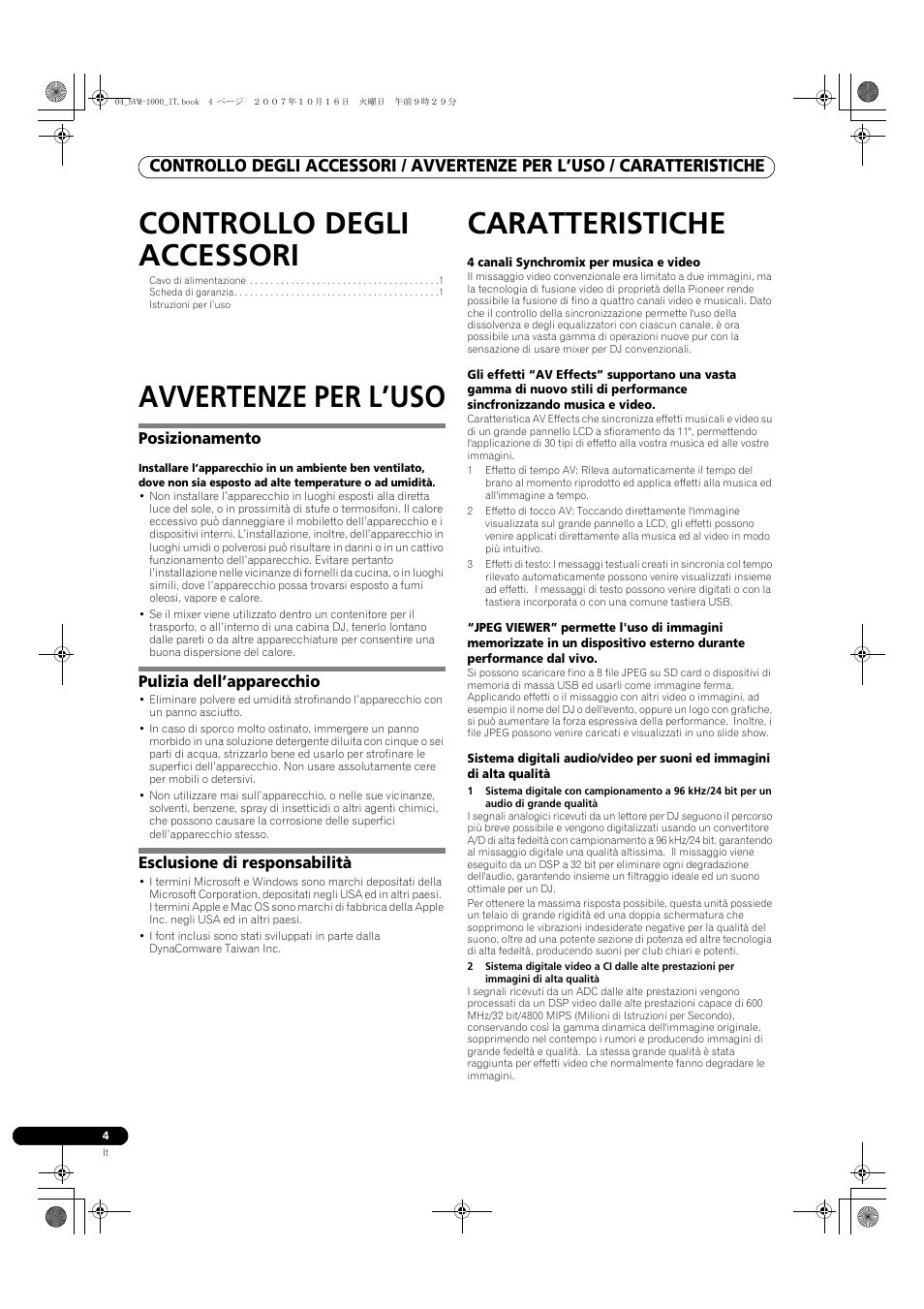 Controllo degli accessori, Avvertenze per l’uso, Caratteristiche | Pioneer SVM-1000 User Manual | Page 142 / 326