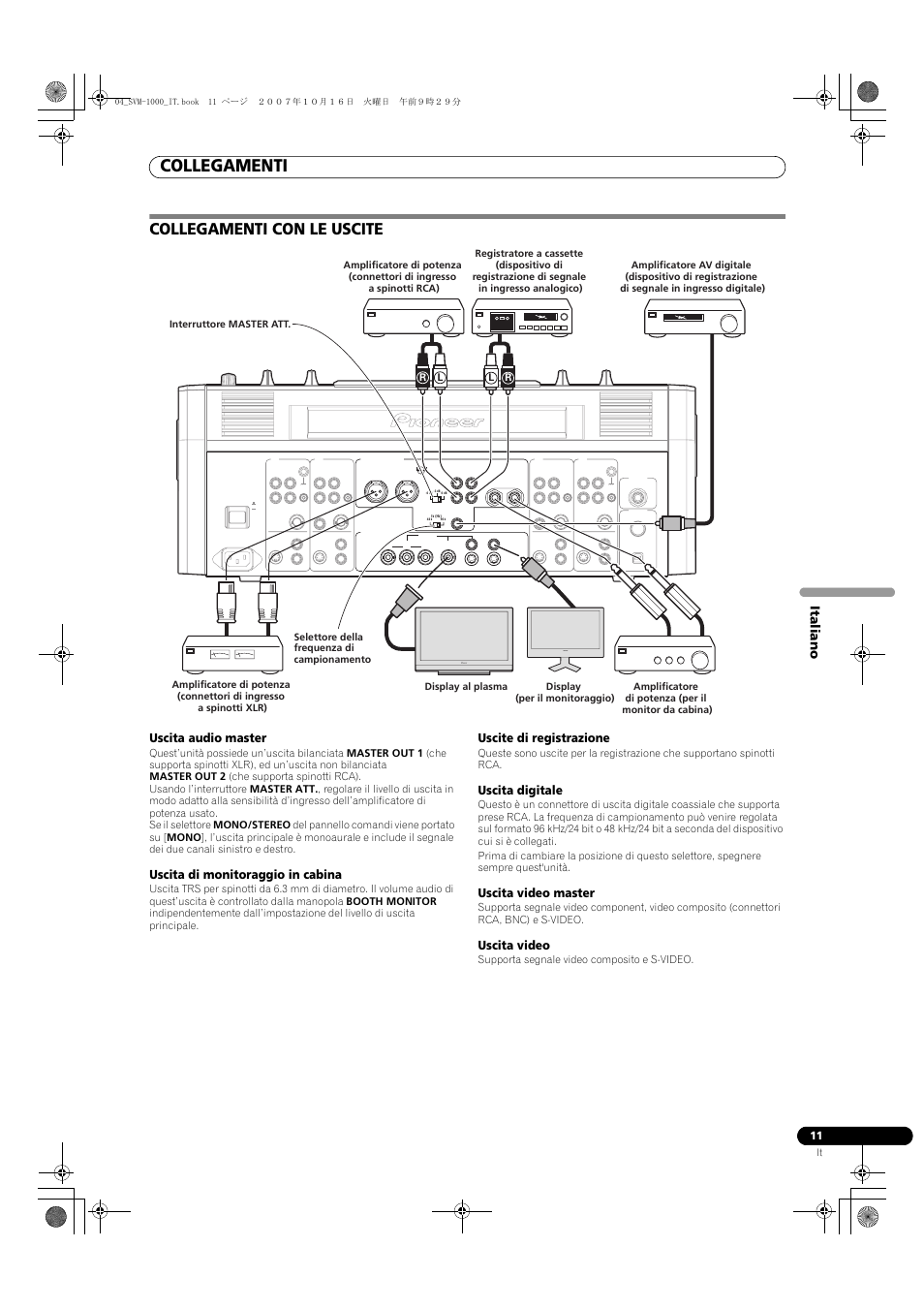 Collegamenti con le uscite, Collegamenti, Itali a no | Uscita audio master, Uscita di monitoraggio in cabina, Uscite di registrazione, Uscita digitale, Uscita video master, Uscita video, Supporta segnale video composito e s-video | Pioneer SVM-1000 User Manual | Page 149 / 326