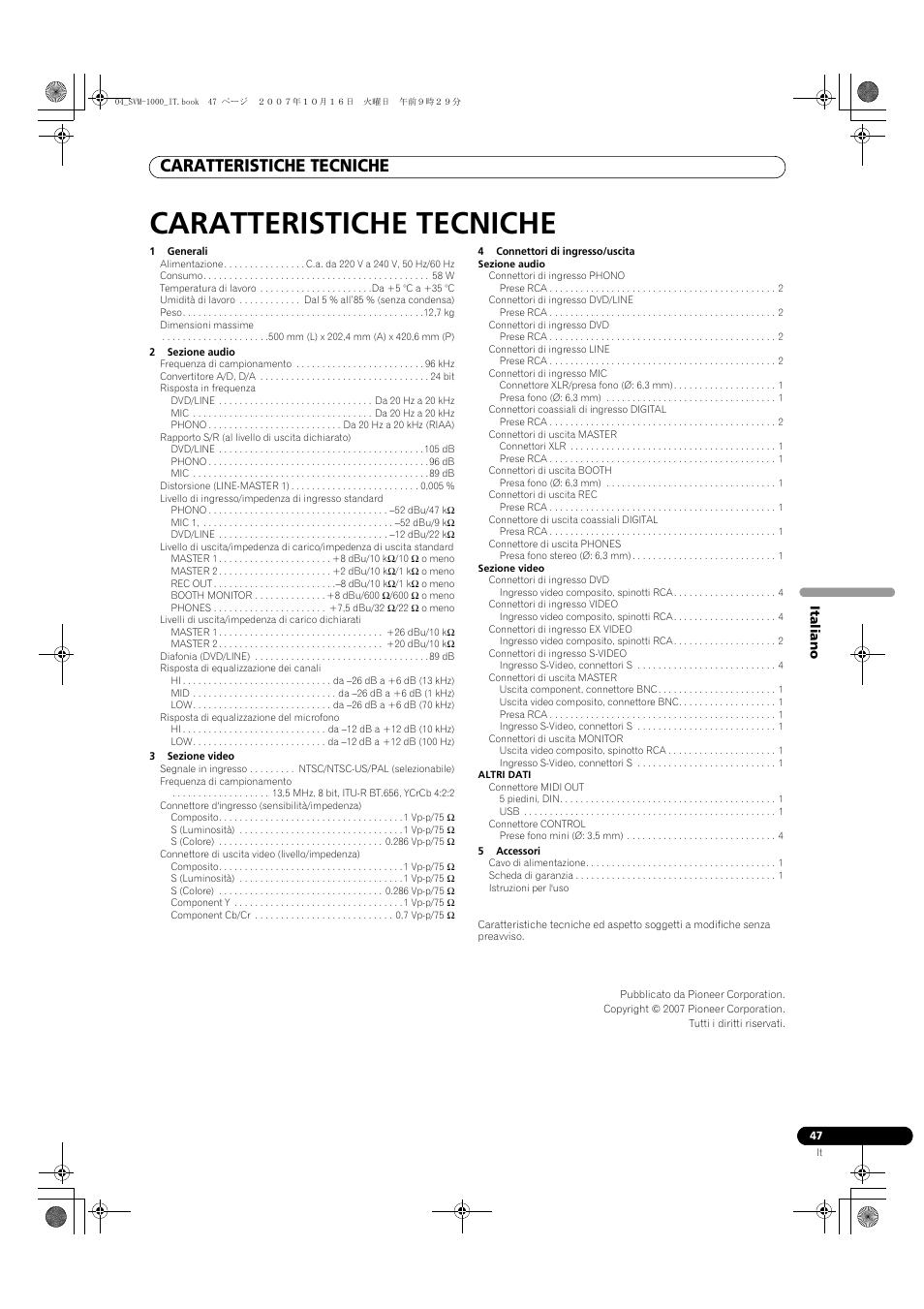 Caratteristiche tecniche | Pioneer SVM-1000 User Manual | Page 185 / 326