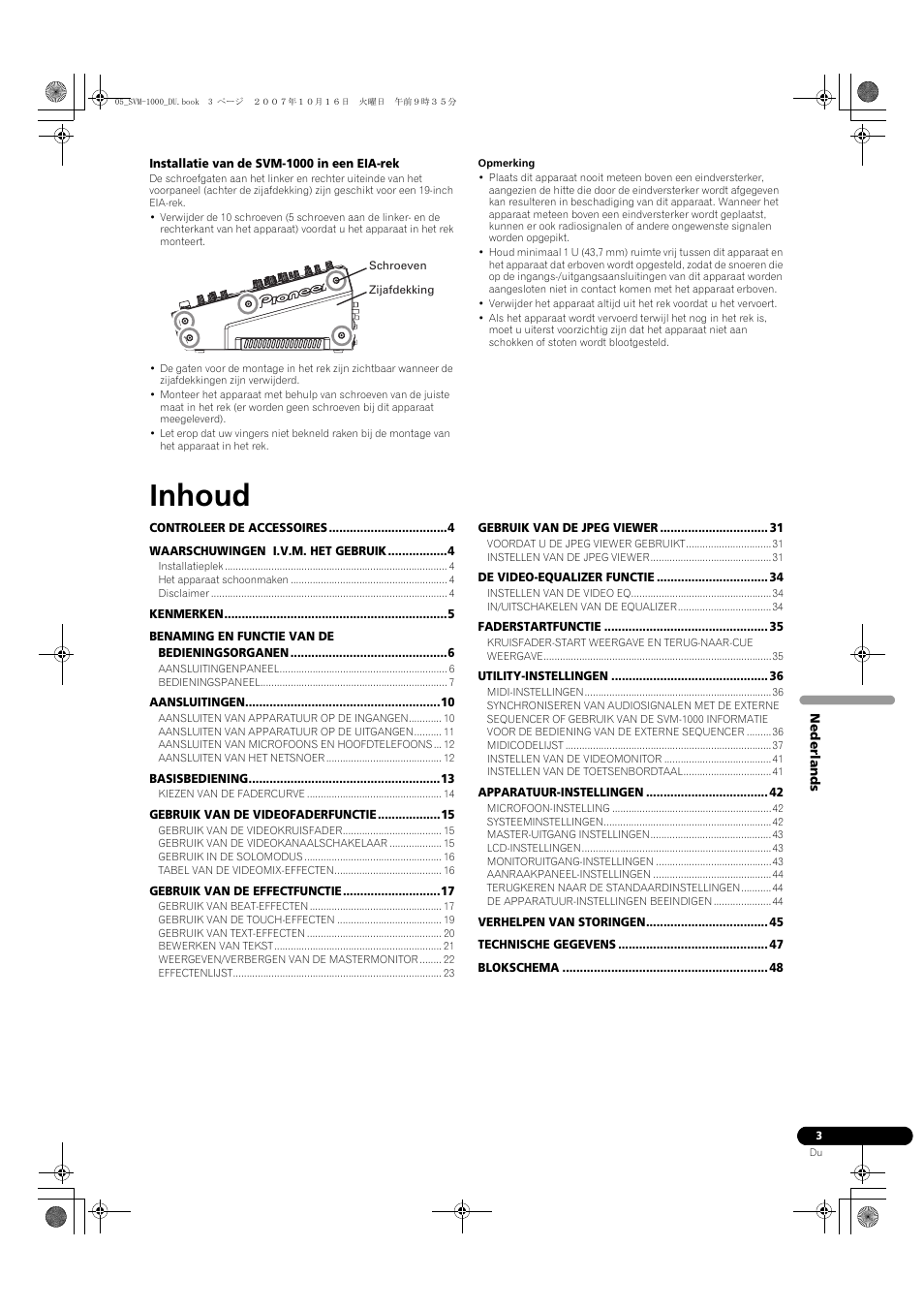 Handleiding, Inhoud | Pioneer SVM-1000 User Manual | Page 187 / 326