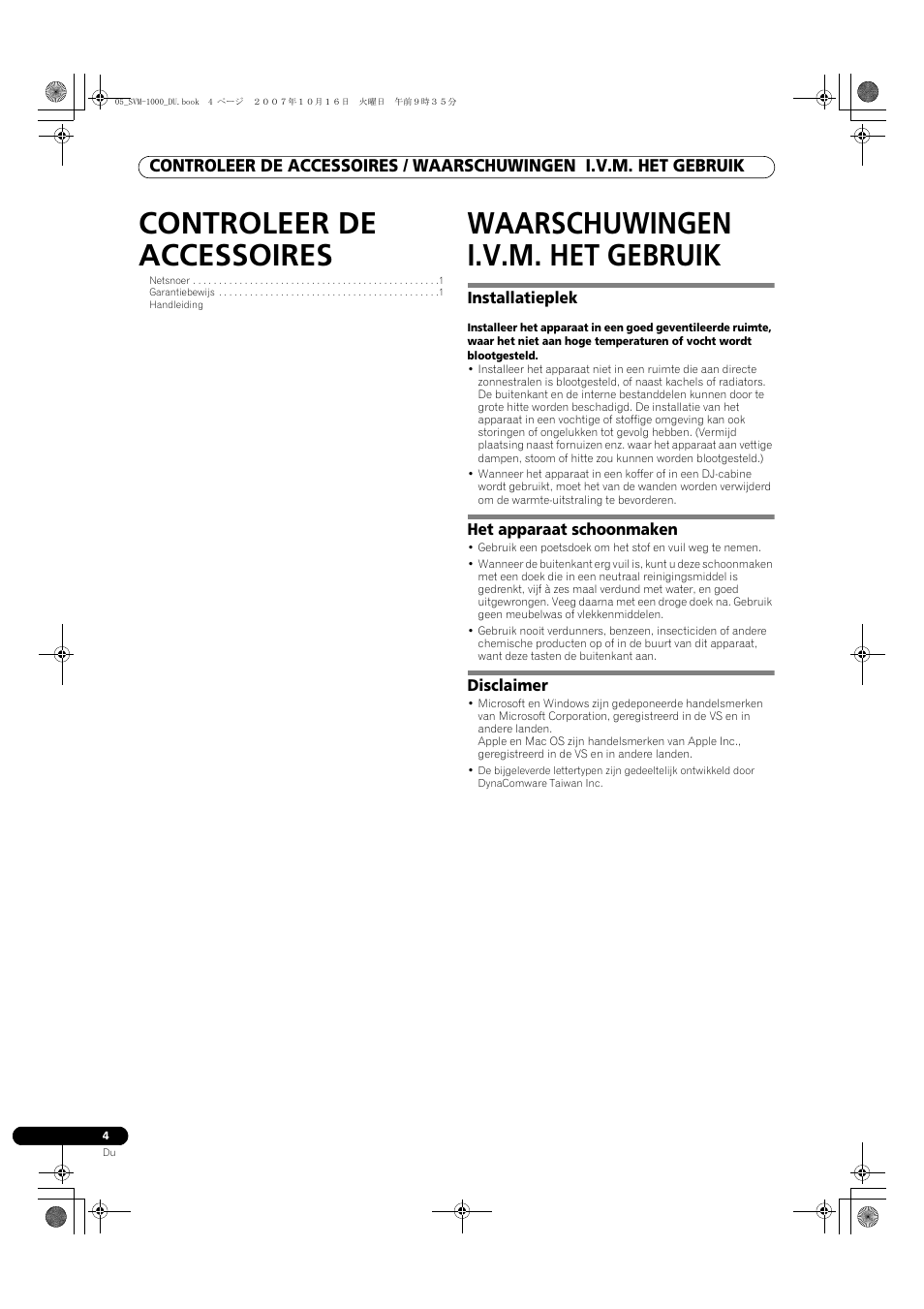 Controleer de accessoires, Waarschuwingen i.v.m. het gebruik | Pioneer SVM-1000 User Manual | Page 188 / 326