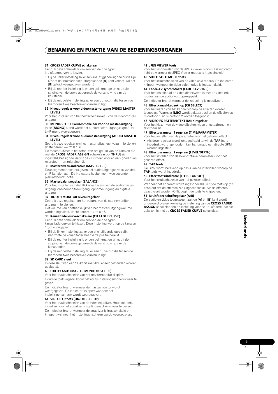 Benaming en functie van de bedieningsorganen | Pioneer SVM-1000 User Manual | Page 193 / 326