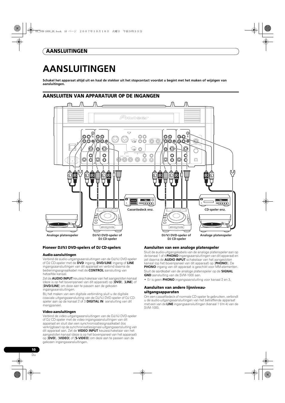 Aansluitingen, Aansluiten van apparatuur op de ingangen, Pioneer dj/vj dvd-spelers of dj cd-spelers | Aansluiten van een analoge platenspeler | Pioneer SVM-1000 User Manual | Page 194 / 326