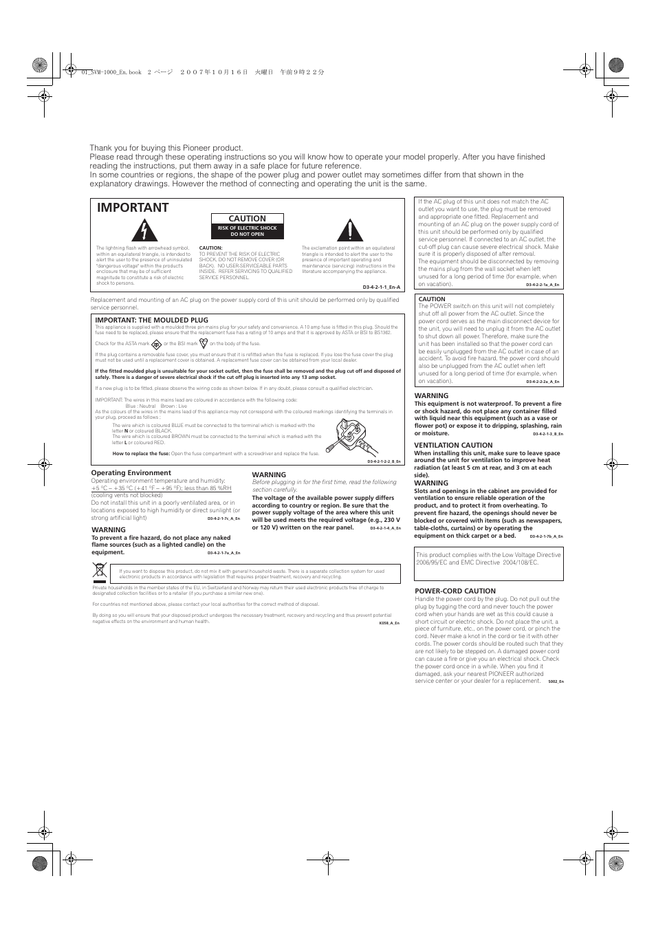 Important, Caution | Pioneer SVM-1000 User Manual | Page 2 / 326
