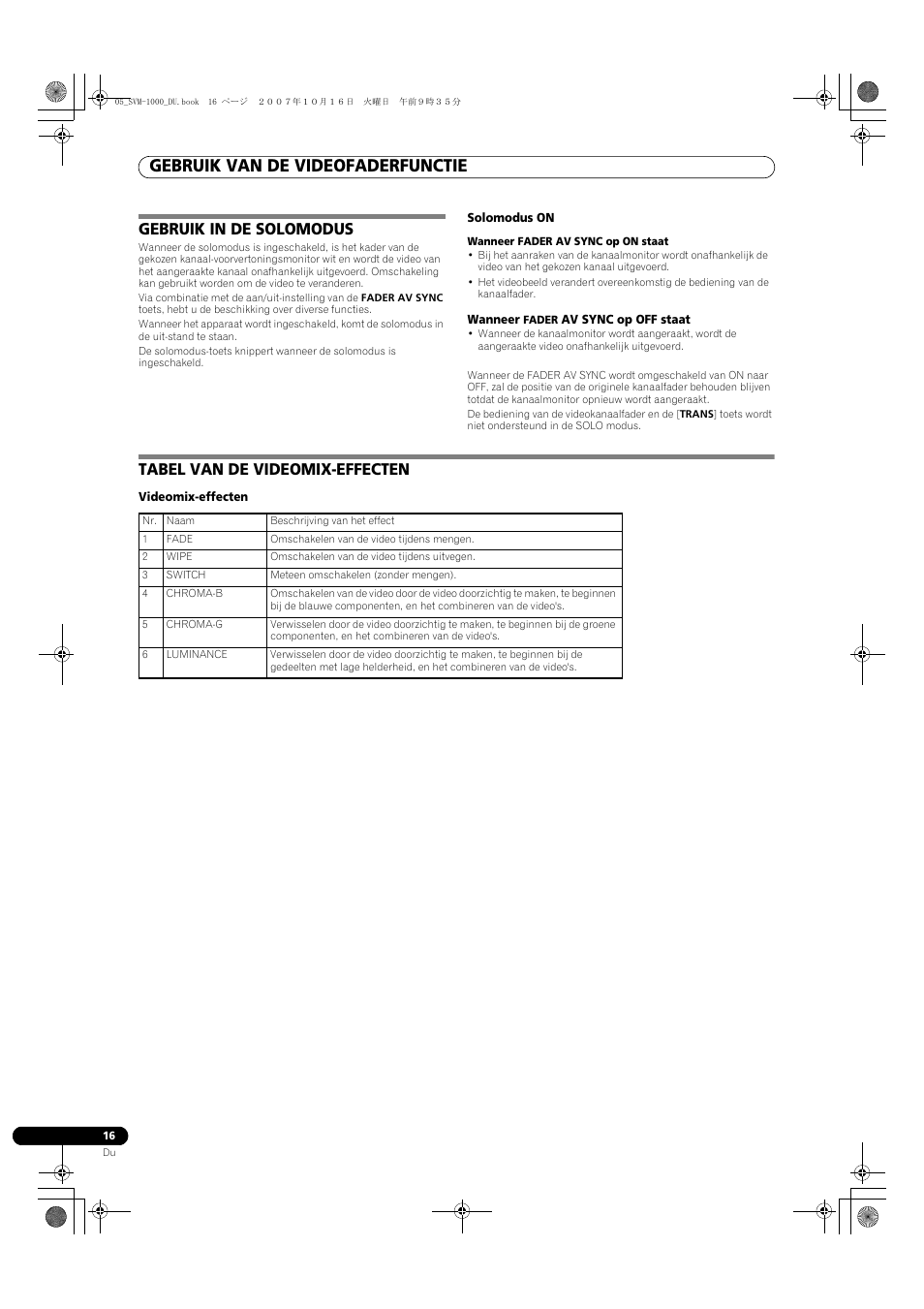 Gebruik van de videofaderfunctie, Gebruik in de solomodus, Tabel van de videomix-effecten | Pioneer SVM-1000 User Manual | Page 200 / 326