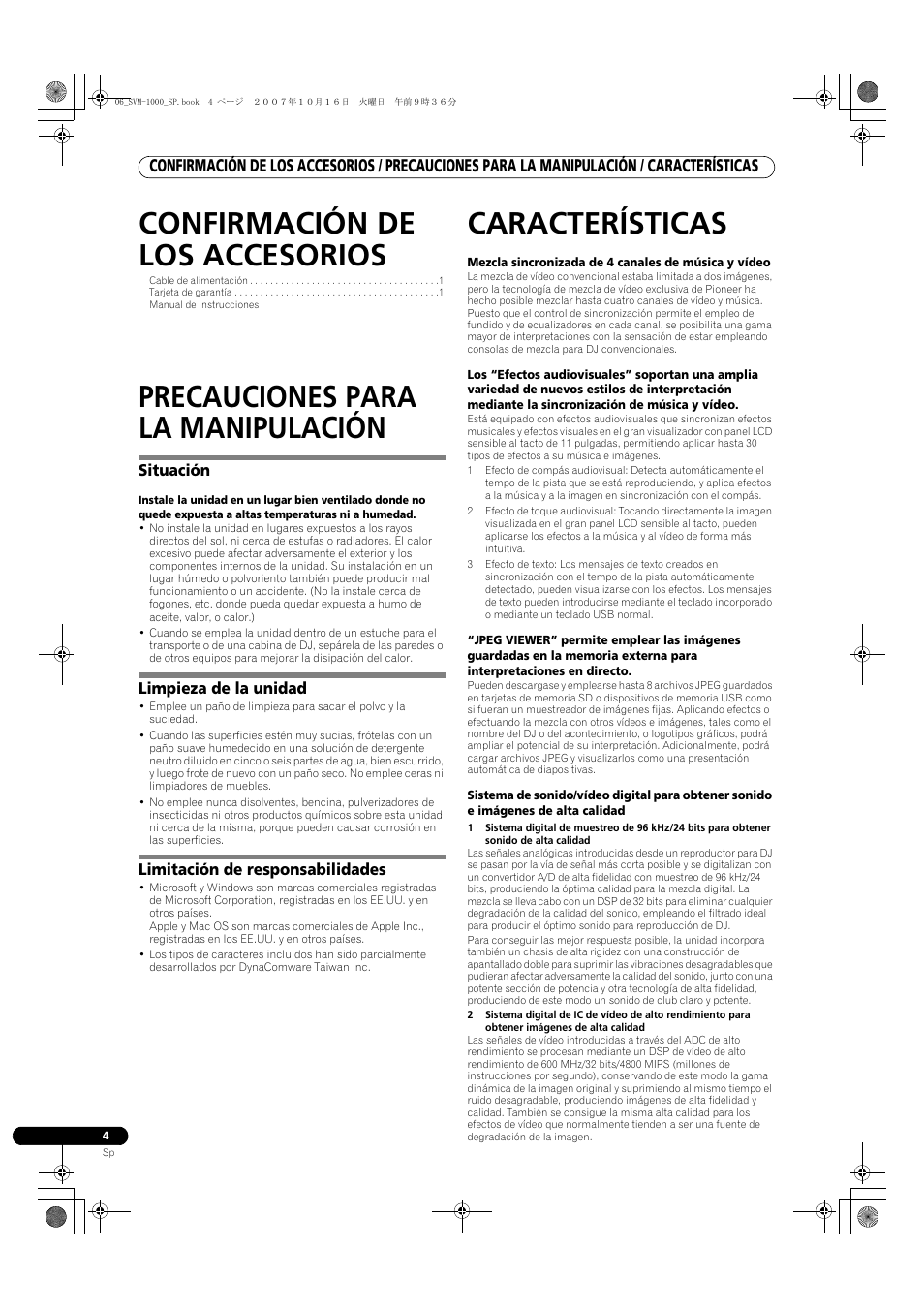 Confirmación de los accesorios, Precauciones para la manipulación, Características | Pioneer SVM-1000 User Manual | Page 234 / 326