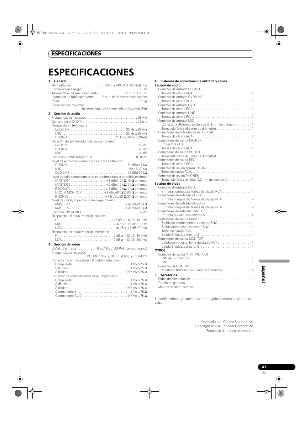 Especificaciones | Pioneer SVM-1000 User Manual | Page 277 / 326