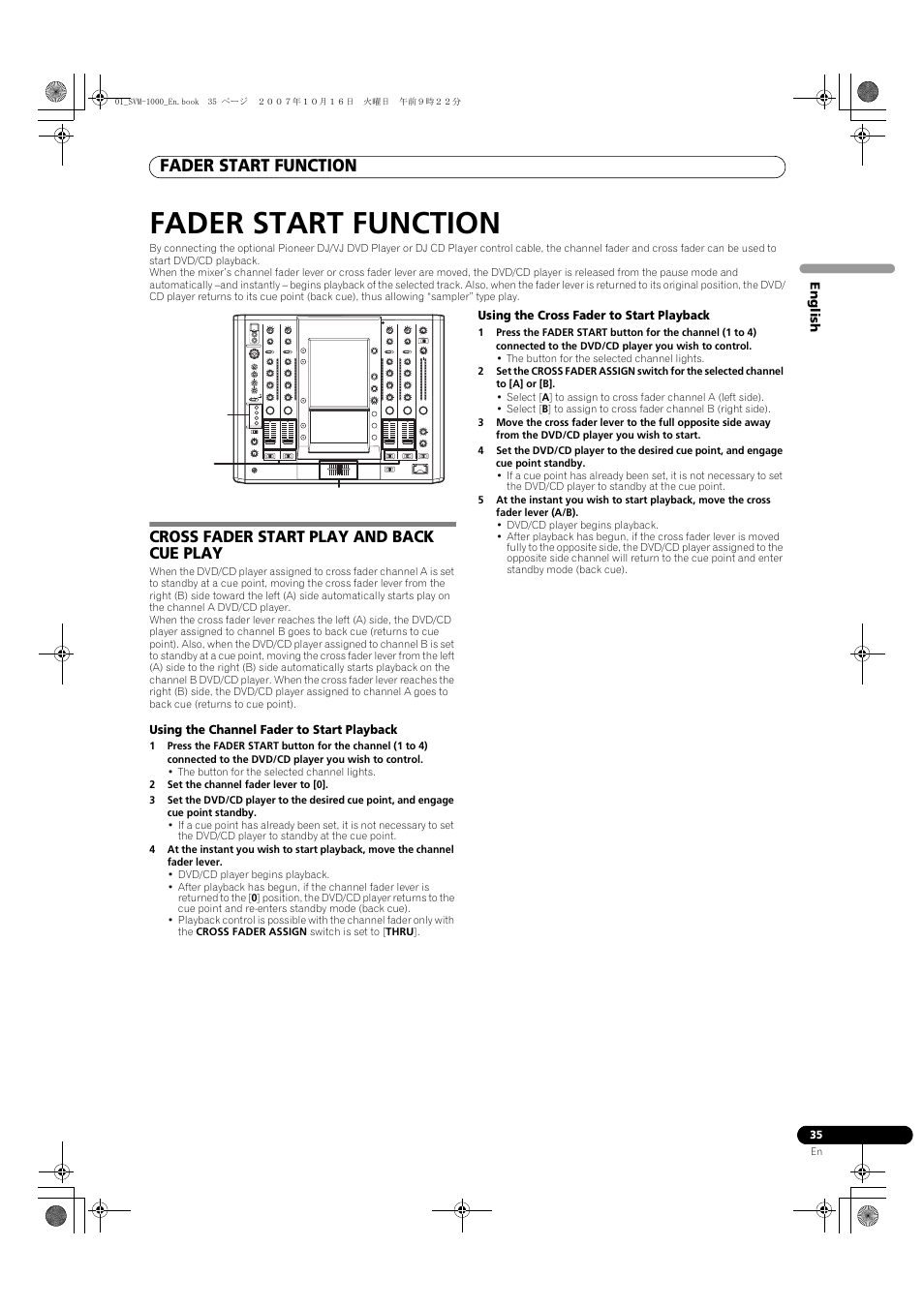 Fader start function, Cross fader start play and back cue play | Pioneer SVM-1000 User Manual | Page 35 / 326