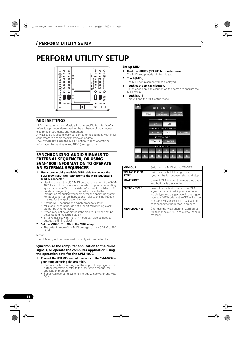 Perform utility setup, Midi settings | Pioneer SVM-1000 User Manual | Page 36 / 326