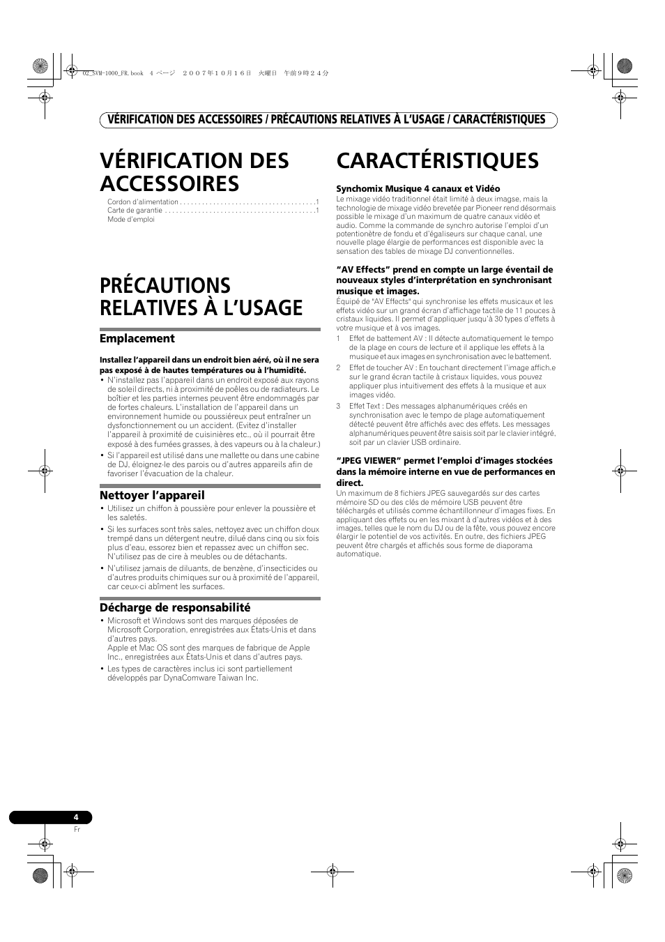 Vérification des accessoires, Précautions relatives à l’usage, Caractéristiques | Pioneer SVM-1000 User Manual | Page 50 / 326