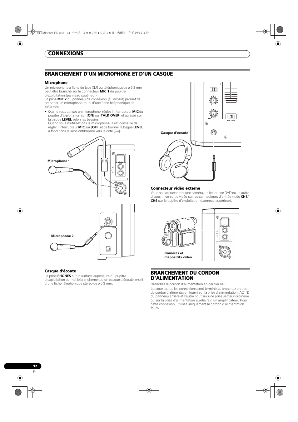 Connexions, Branchement d’un microphone et d’un casque, Branchement du cordon d’alimentation | Microphone, Casque d’écoute, Connecteur vidéo externe | Pioneer SVM-1000 User Manual | Page 58 / 326