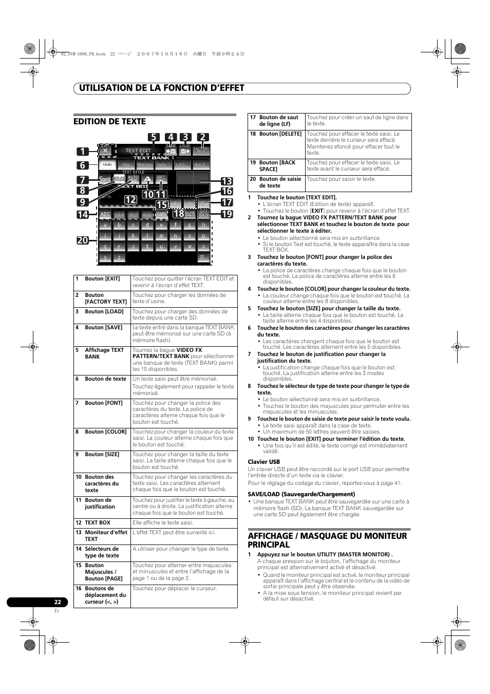 Utilisation de la fonction d’effet, Edition de texte, Affichage / masquage du moniteur principal | Pioneer SVM-1000 User Manual | Page 68 / 326