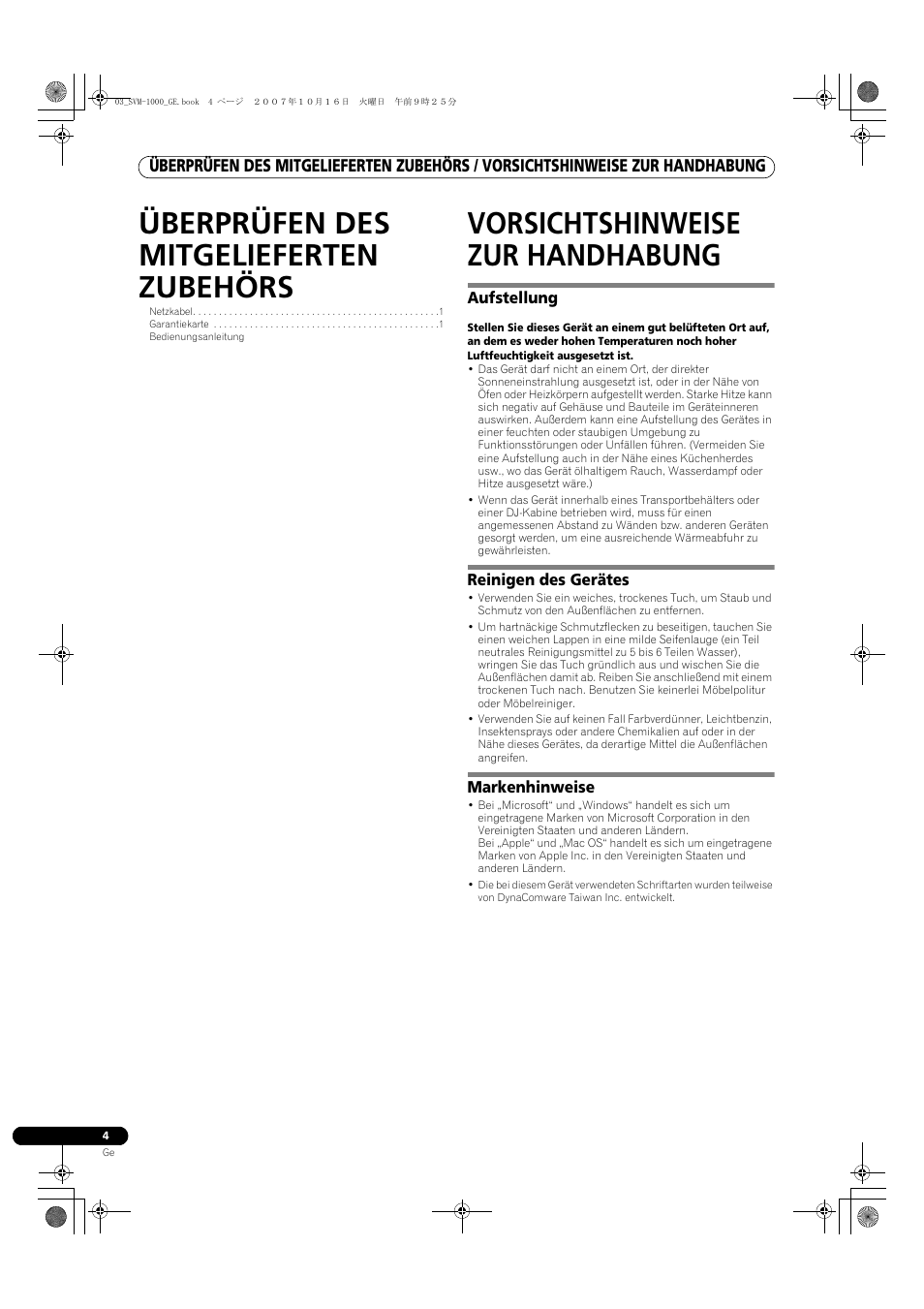Überprüfen des mitgelieferten zubehörs, Vorsichtshinweise zur handhabung, Aufstellung reinigen des gerätes markenhinweise | Pioneer SVM-1000 User Manual | Page 96 / 326