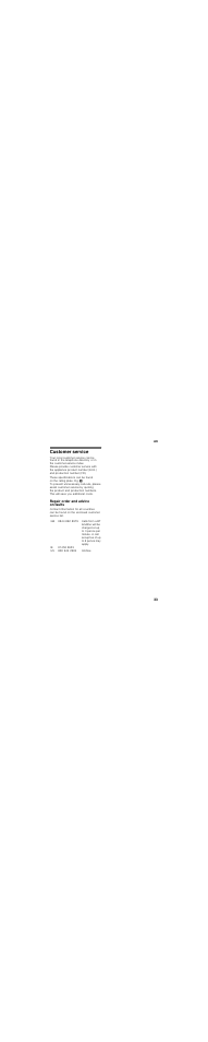 Customer service, Repair order and advice on faults | Bosch GID18A20 Congélateur intégrable Premium Fixation de porte par glissières User Manual | Page 33 / 81