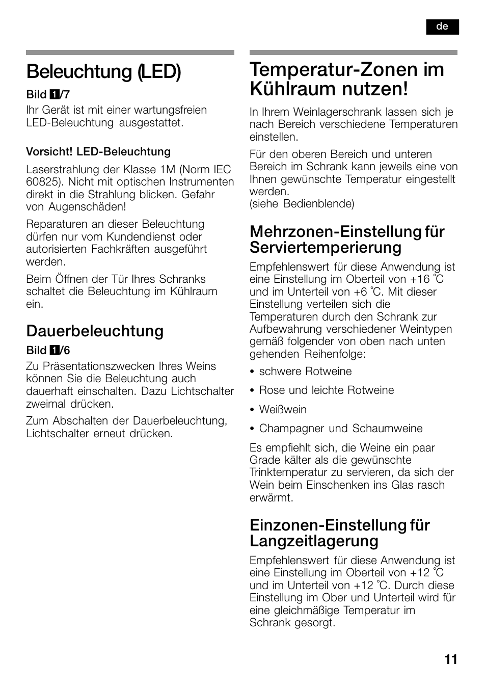 Beleuchtung (led), Temperatur-zonen im kühlraum nutzen, Dauerbeleuchtung | Mehrzonen-einstellung für serviertemperierung, Einzonen-einstellung für langzeitlagerung | Bosch KSW38940 Cave à vin de vieillissement Premium Luxe User Manual | Page 11 / 74