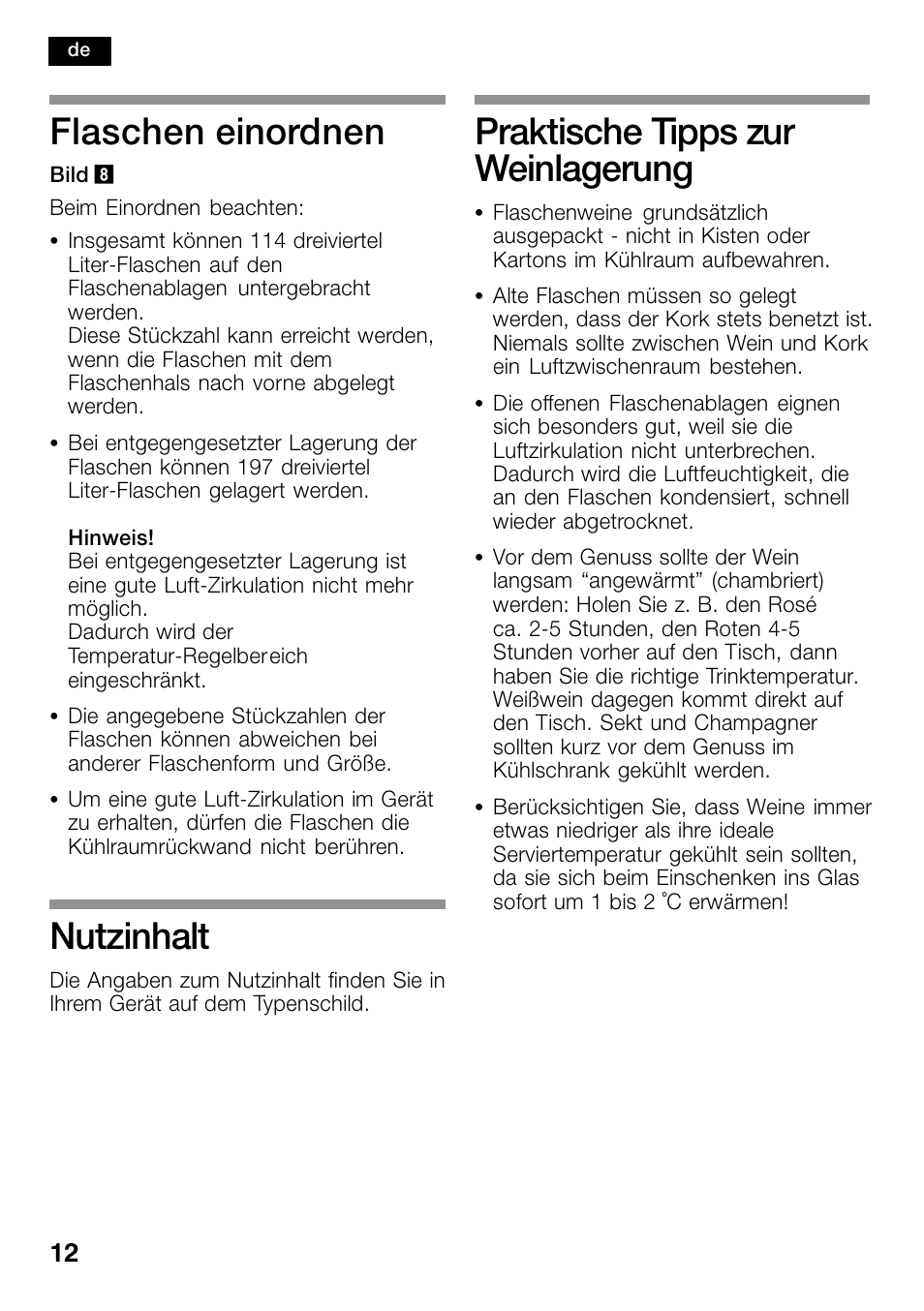 Flaschen einordnen, Nutzinhalt, Praktische tipps zur weinlagerung | Bosch KSW38940 Cave à vin de vieillissement Premium Luxe User Manual | Page 12 / 74