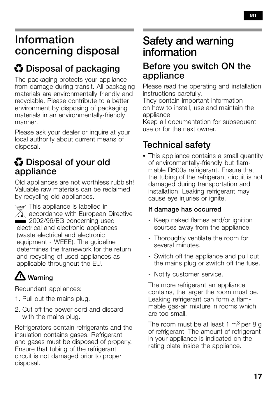 Information concerning disposal, Safety and warning information, Xdisposal of packaging | Xdisposal of your old appliance, Before you switch on the appliance, Technical safety | Bosch KSW38940 Cave à vin de vieillissement Premium Luxe User Manual | Page 17 / 74