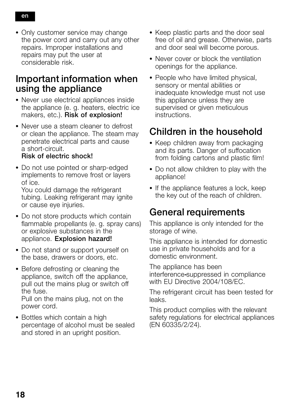 Important information when using the appliance, Children in the household, General requirements | Bosch KSW38940 Cave à vin de vieillissement Premium Luxe User Manual | Page 18 / 74