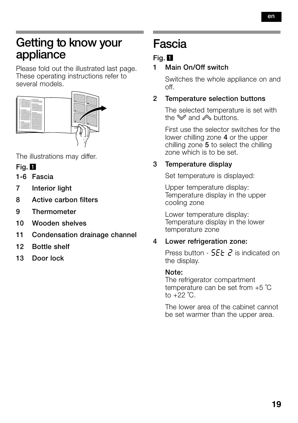 Getting to know your appliance, Fascia | Bosch KSW38940 Cave à vin de vieillissement Premium Luxe User Manual | Page 19 / 74