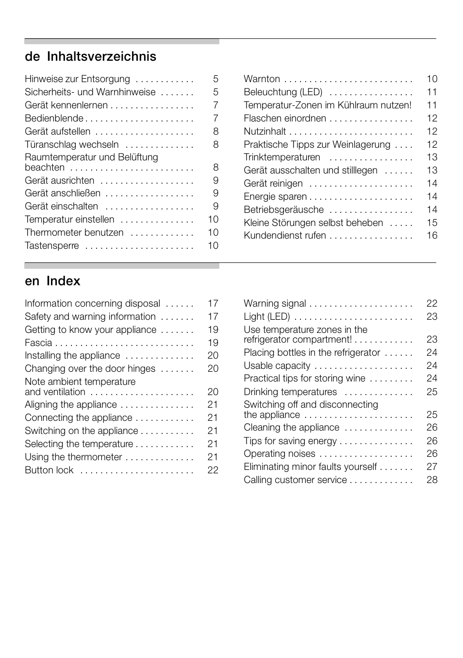 Deнinhaltsverzeichnis, Enнindex | Bosch KSW38940 Cave à vin de vieillissement Premium Luxe User Manual | Page 2 / 74