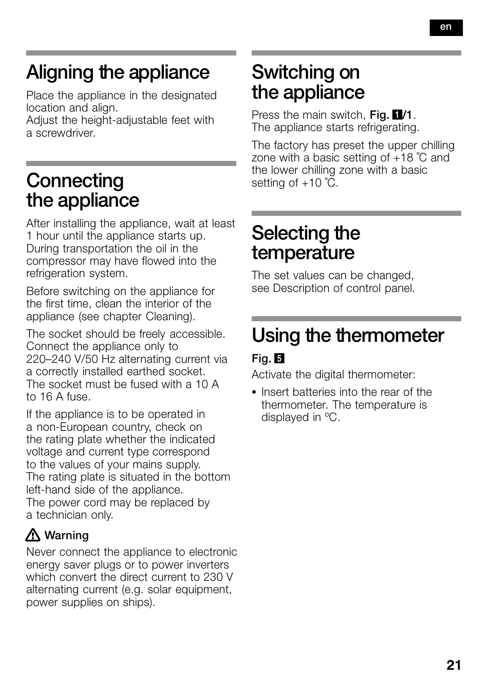 Aligning the appliance, Connecting the appliance, Switching on the appliance | Selecting the temperature, Using the thermometer | Bosch KSW38940 Cave à vin de vieillissement Premium Luxe User Manual | Page 21 / 74
